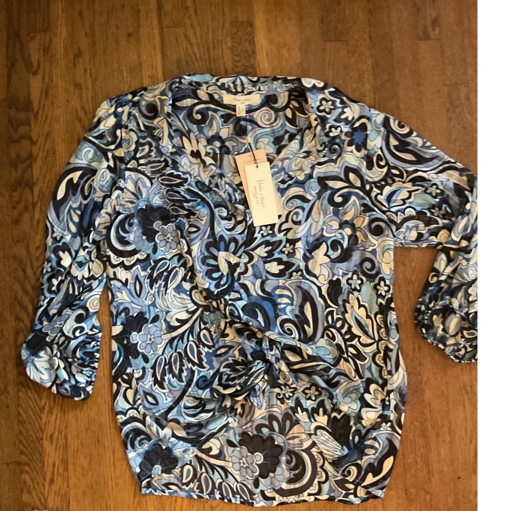 Haven and Blairβ London Blue Paisley Floral Metallic Stripe Tie Front Blouse L